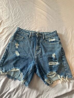 SHEIN Distressed Frayed High-Rise Denim Shorts - Blue